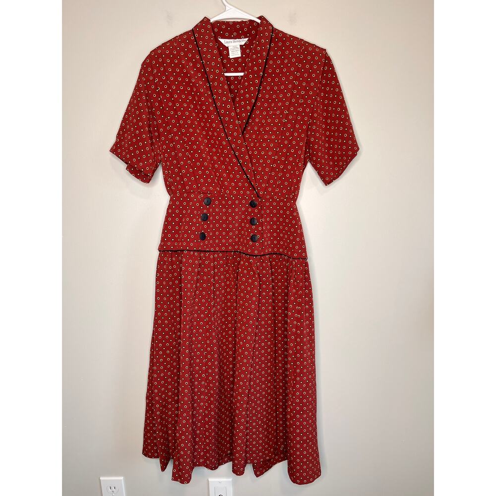1980s Laura Henson Red Orange Pleated Modest Prairie Homestead Midi Dress M